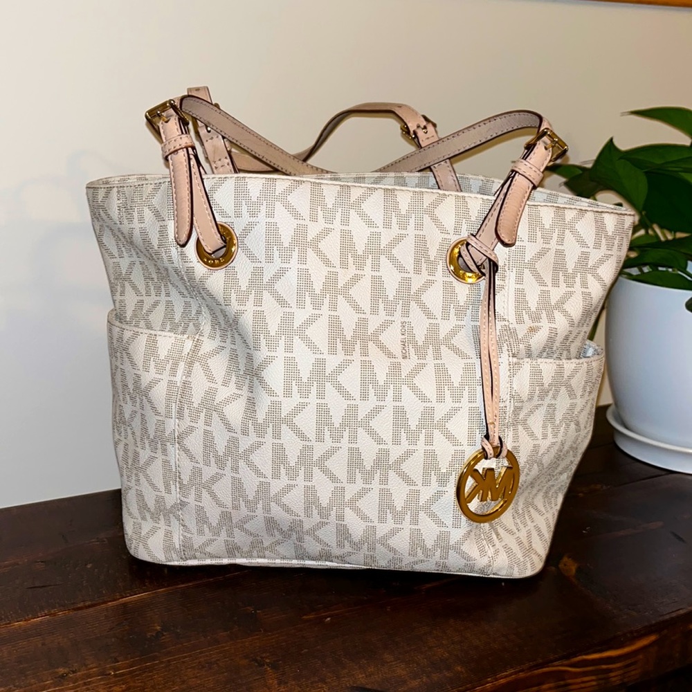 Cream Michael Kors Monogram Tote Bag